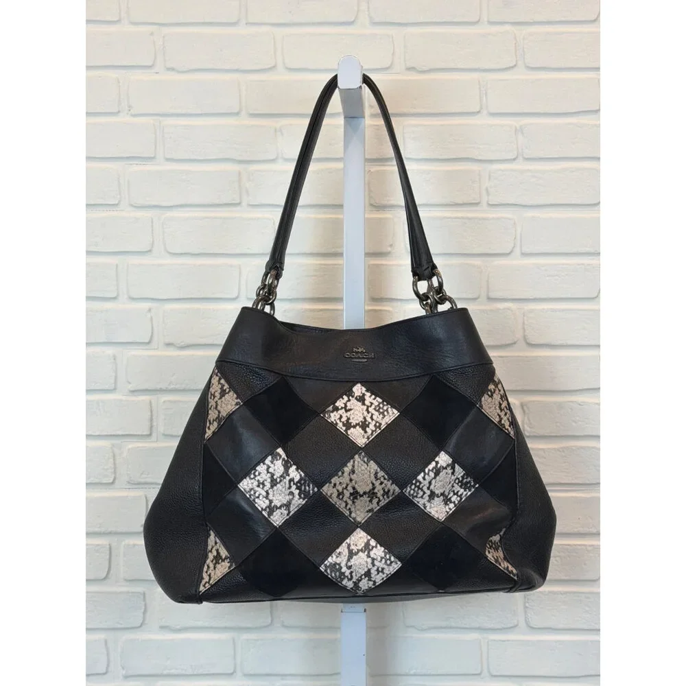 Coach Lexy Patchwork Shoulder Bag Black Snake-Embossed Leather